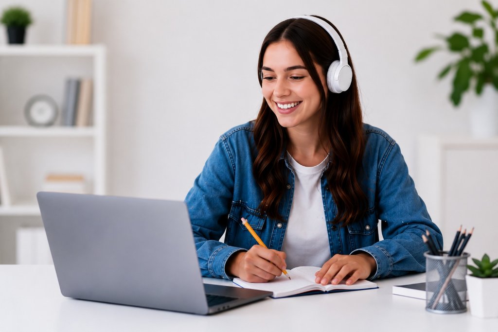 Estudante sorrindo usando notebook e headset
