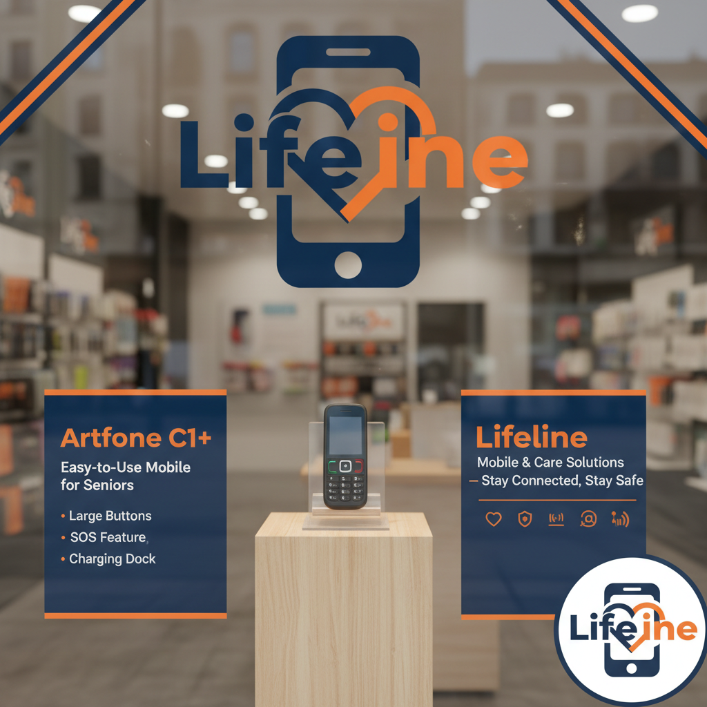 Lifeline Mobile window display with Artfone C1+ and branding