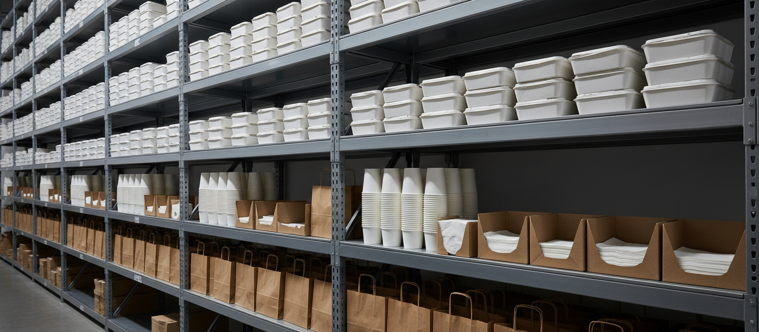 Organized warehouse shelves of take-out supplies