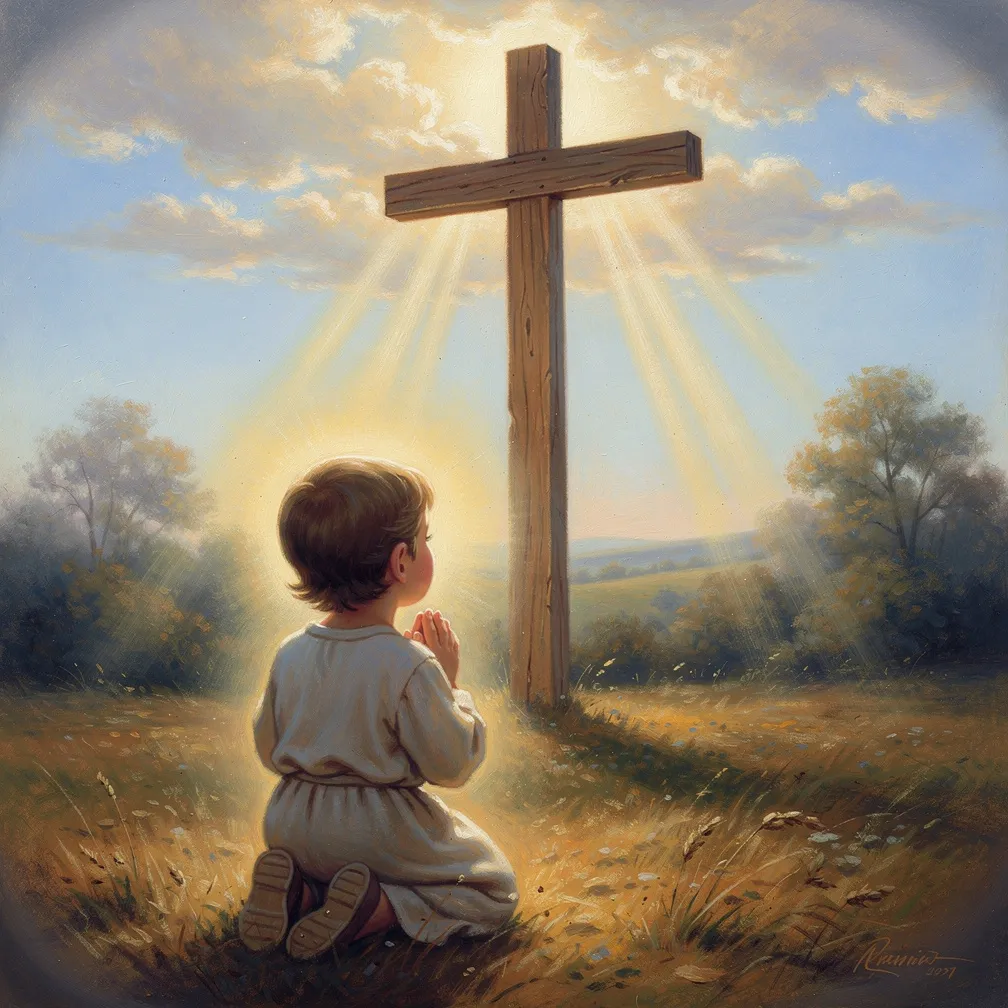 A child kneeling in prayer before a cross, bathed in divine light