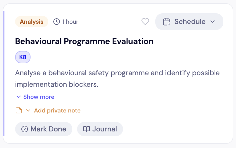 A Beyond the Job activity card showing KSB mapping — tagged to K8, categorised as Analysis, with a 1 hour duration and journaling options.
