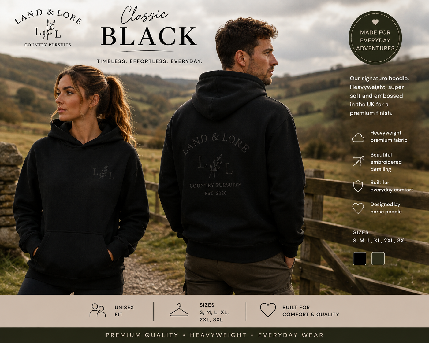 Land & Lore Classic Black Hoodie — front and back views