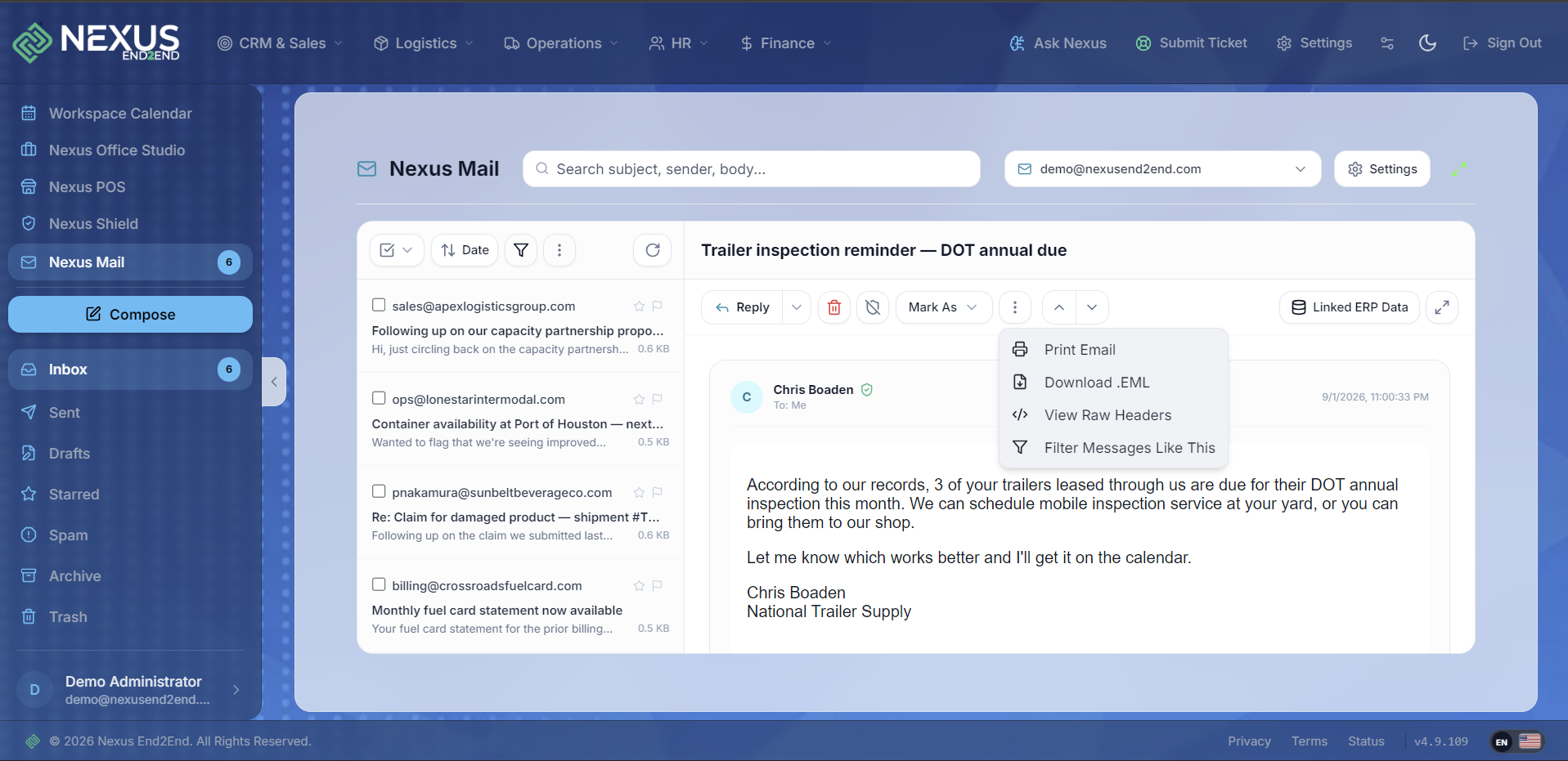Nexus Mail inbox showing a shared mailbox, linked ERP data, and message verification tools