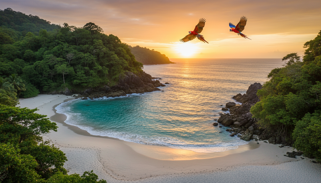 Punta Leona beach with scarlet macaws
