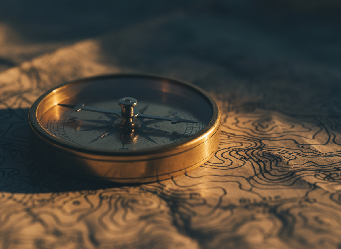 Brass compass resting on a topographical map — symbolizing navigation and strategic direction for San Diego small businesses