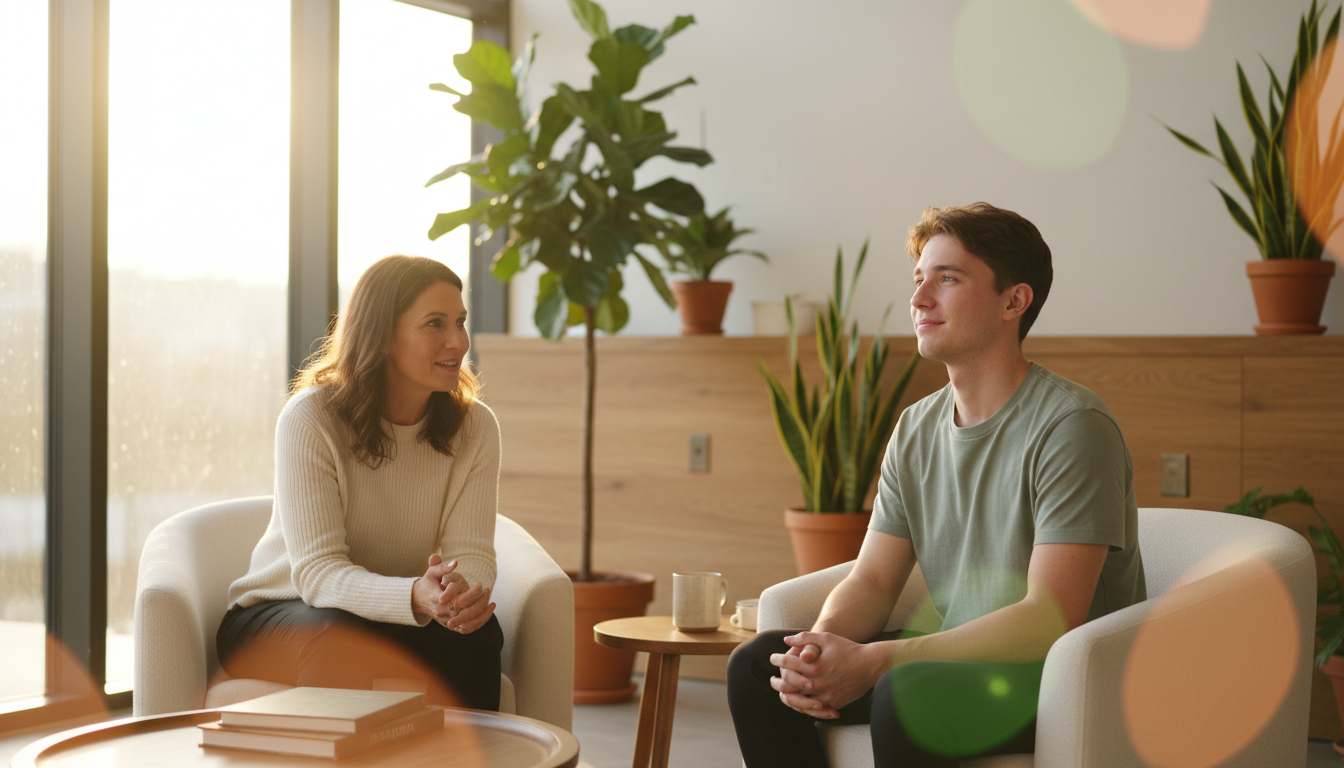Compassionate behavioral health therapist guiding a client through a breakthrough moment during a counseling session at Speranza Behavioral Health in Woodbury, NJ