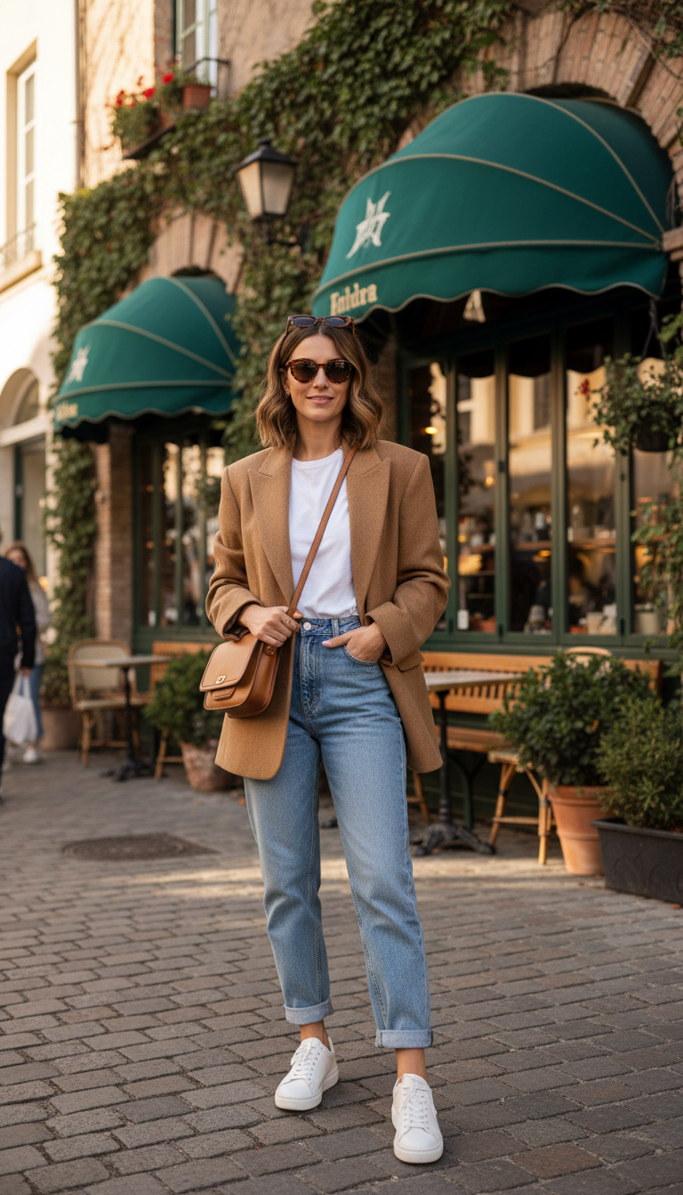 Camel Blazer Over a Simple Tee