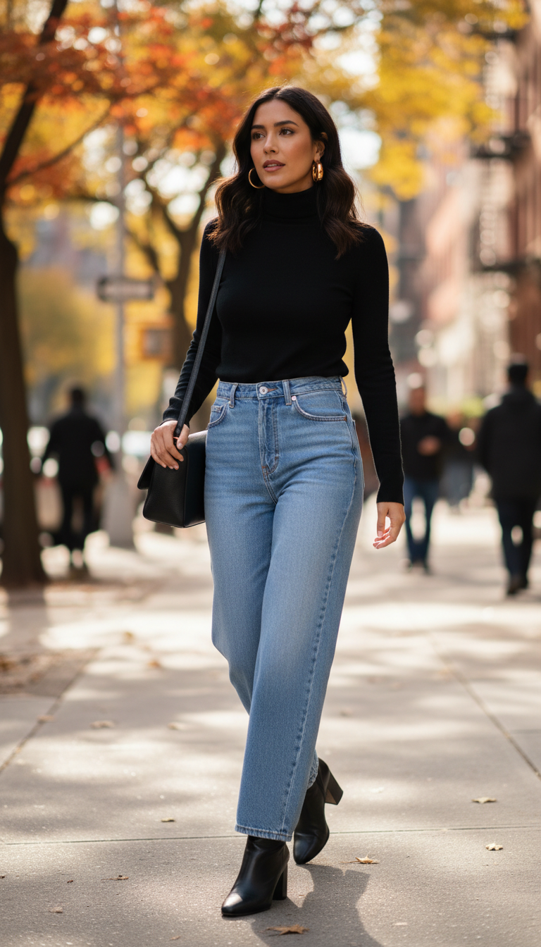 Black Turtleneck with Wide-Leg Jeans