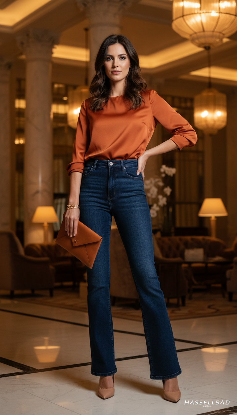 Woman wearing dark blue flare jeans with a rust-orange satin blouse and nude stilettos