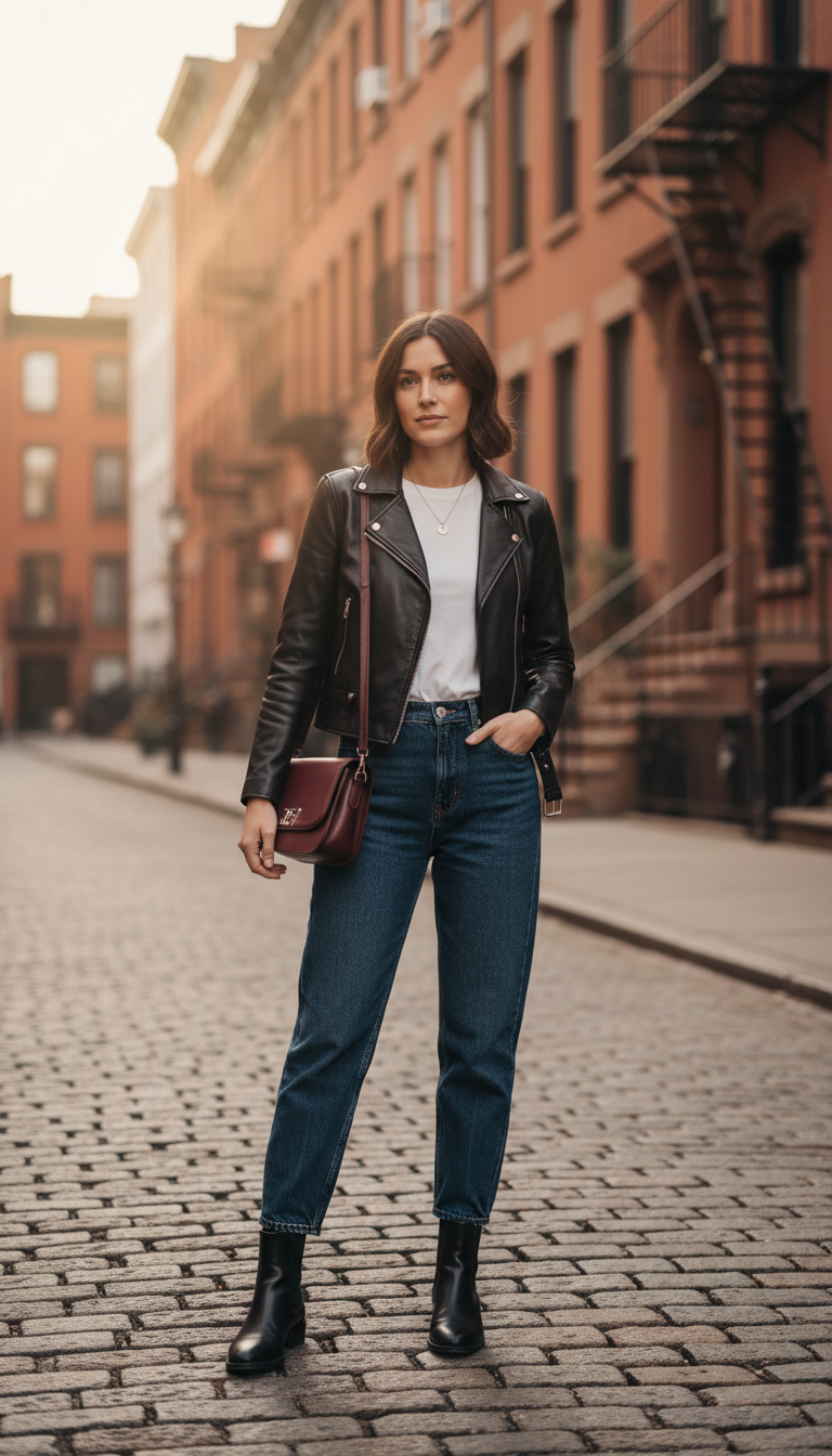 Woman wearing dark blue mom jeans with a black leather jacket and Chelsea boots