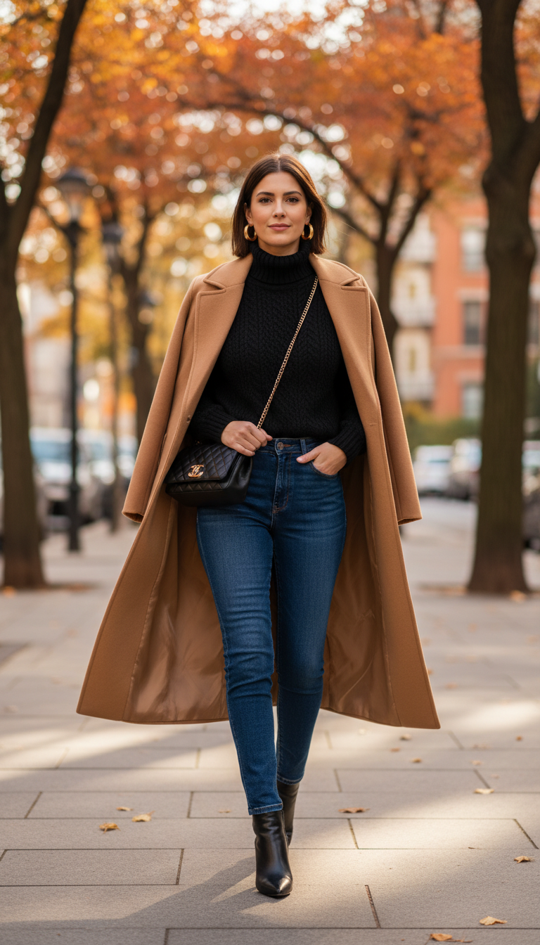 Woman wearing dark blue jeans with a black turtleneck and long camel wool coat