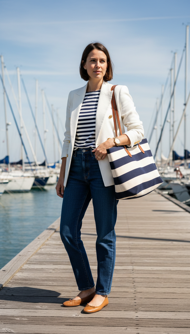 Woman wearing dark blue relaxed jeans with a Breton stripe top and white double-breasted blazer at a marina