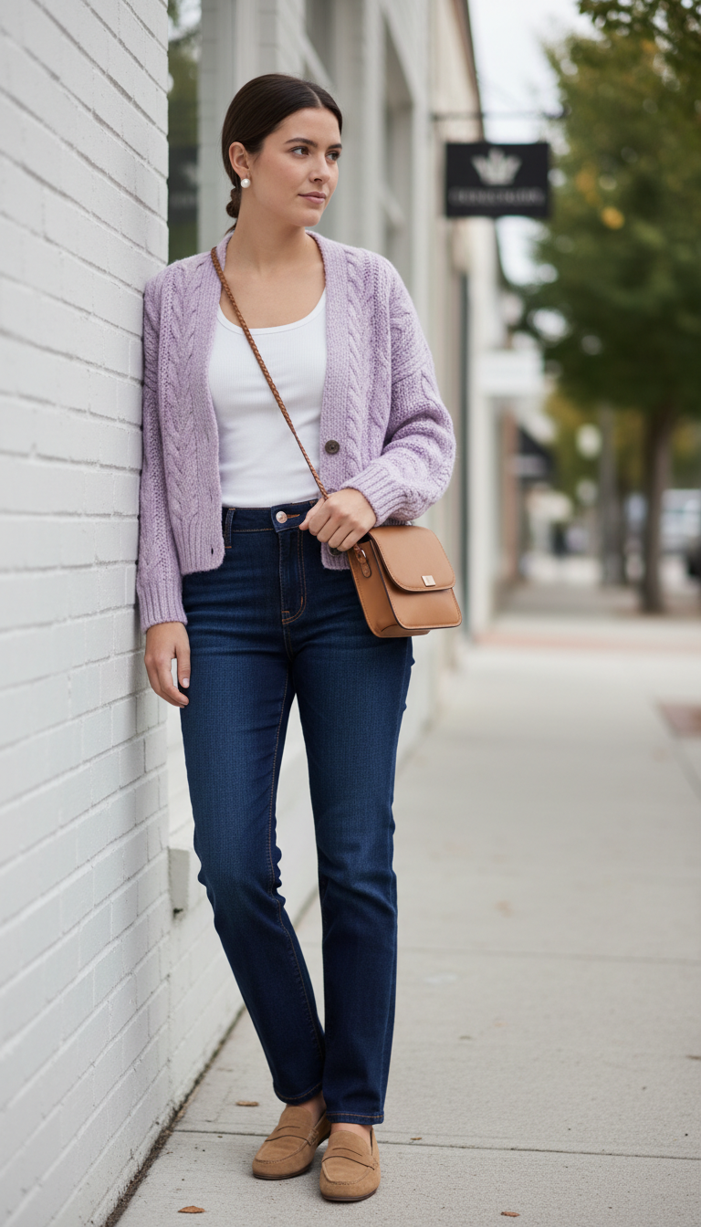 Woman wearing dark blue jeans with a lavender knit cardigan and tan suede loafers