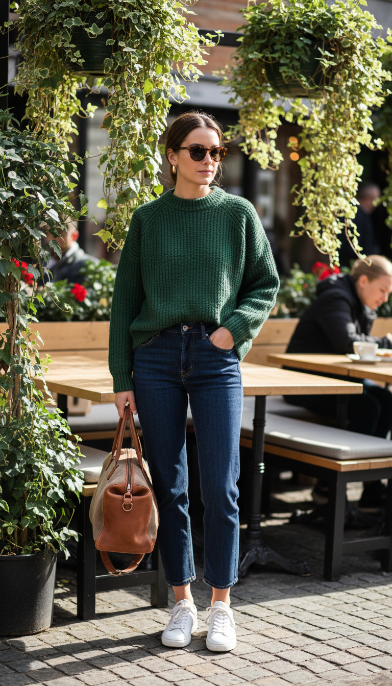 Woman wearing dark blue cropped jeans with a forest green oversized sweater and white sneakers