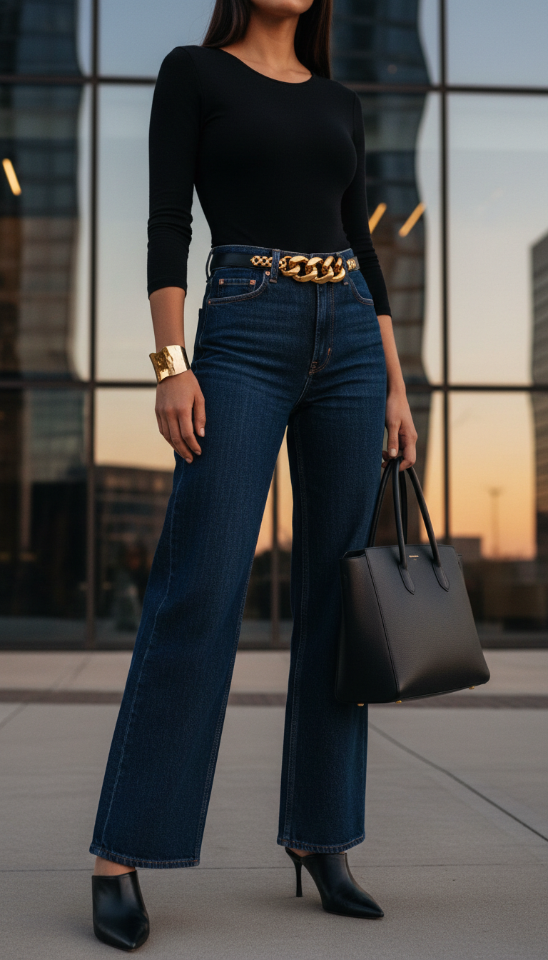 Woman wearing dark blue wide-leg jeans with a black bodysuit and gold chain belt