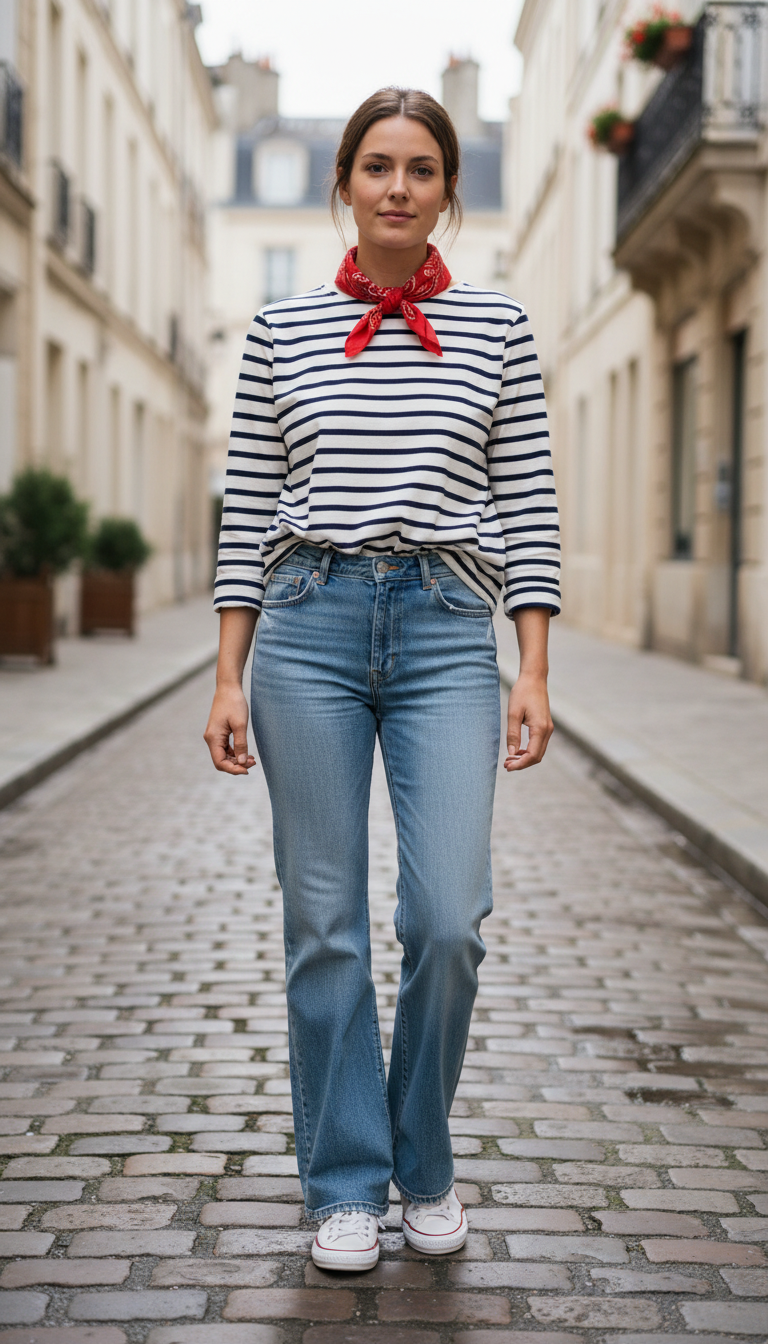 Blue flare jeans outfit with striped top and bandana