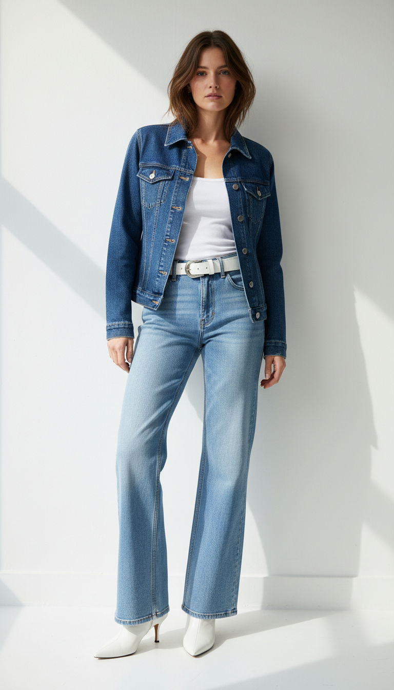 Denim on denim outfit with light blue flare jeans and darker denim jacket