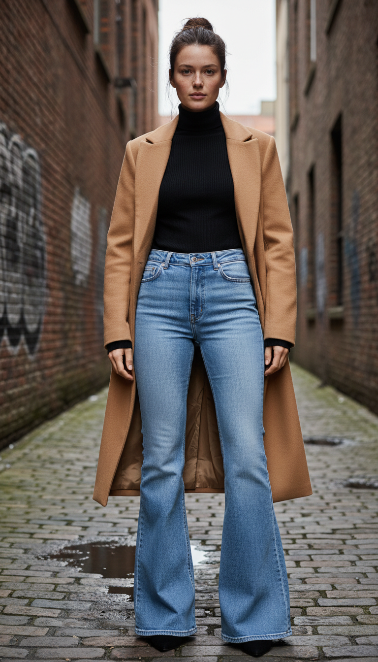 Blue flare jeans outfit with black turtleneck and camel coat