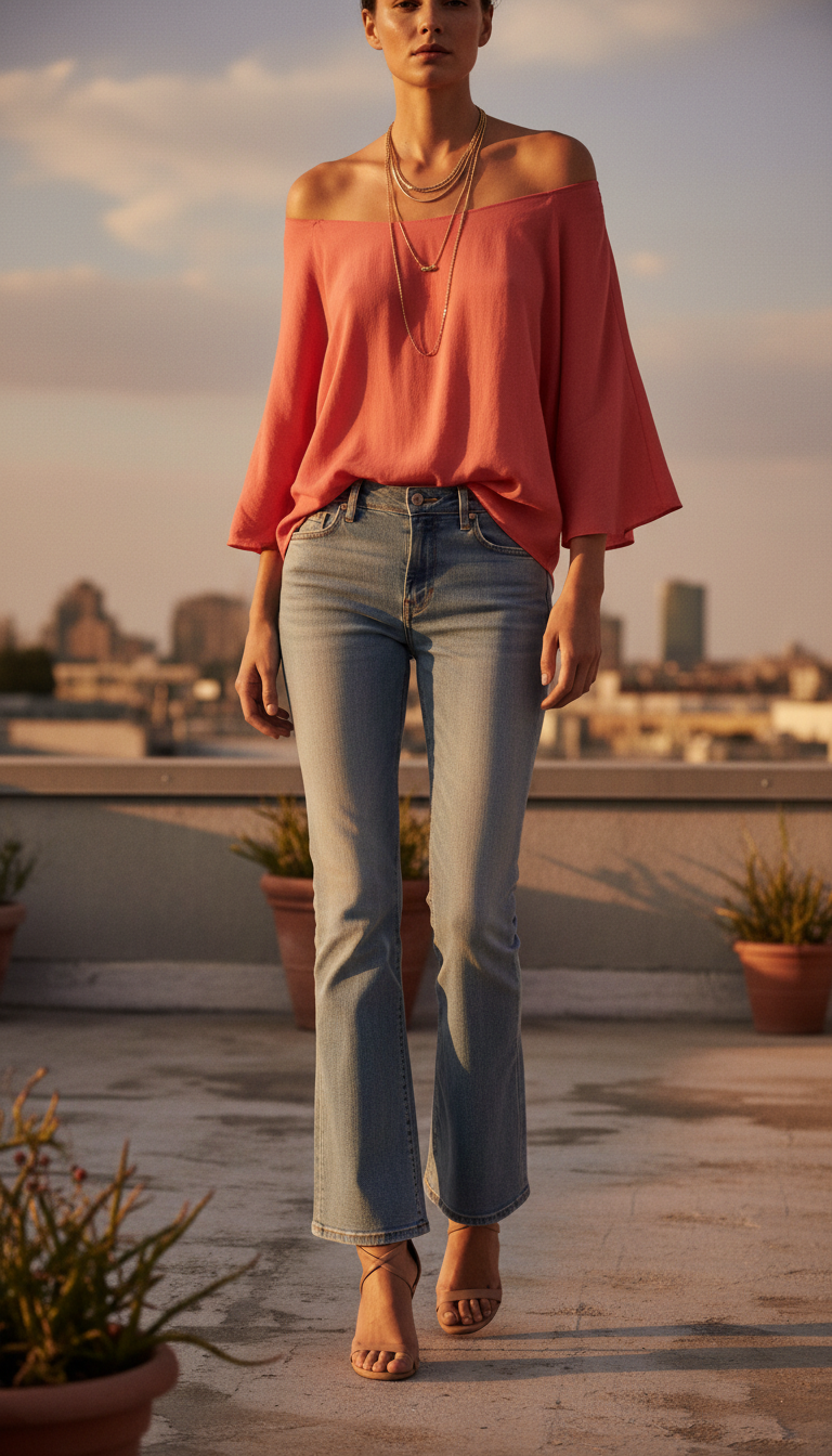 Light blue flare jeans outfit with coral off-shoulder top