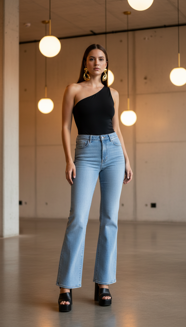 Light blue flare jeans outfit with black one-shoulder bodysuit