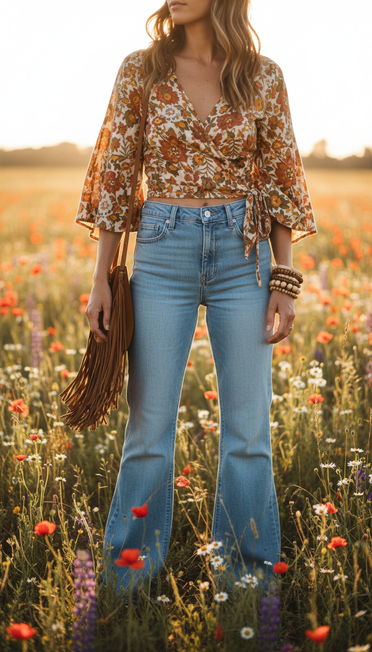 Outfits with blue flared jeans in boho style