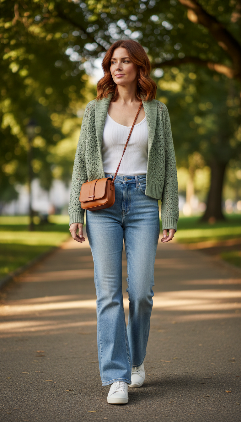 Outfits with blue flared jeans featuring sage green cardigan
