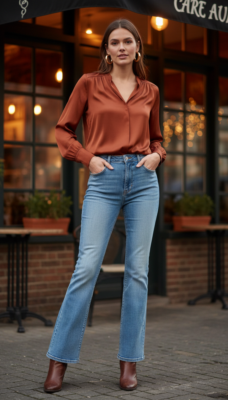 Light blue flare jeans outfit with rust satin blouse
