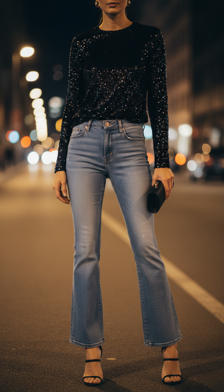 Light blue flare jeans outfit with sequin top for evening