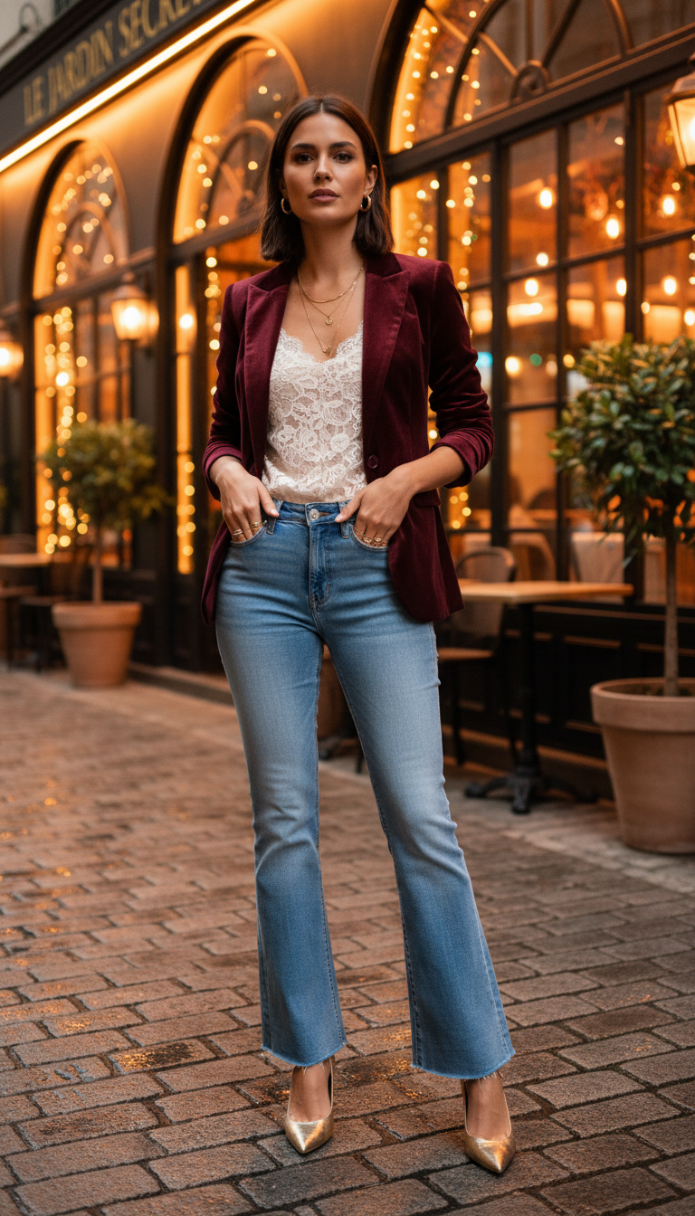Light blue flare jeans outfit dressed up with burgundy velvet blazer