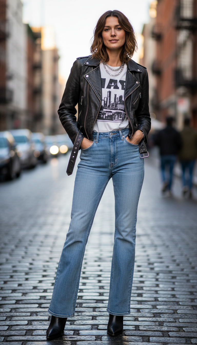 Blue flare jeans outfit with black leather jacket and graphic tee