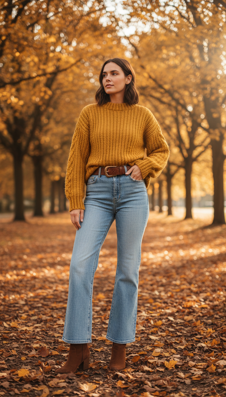 Light blue flare jeans outfit with mustard sweater for fall