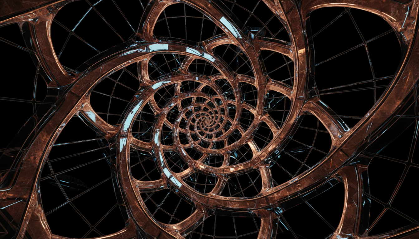 Abstract architectural structure of glass and copper