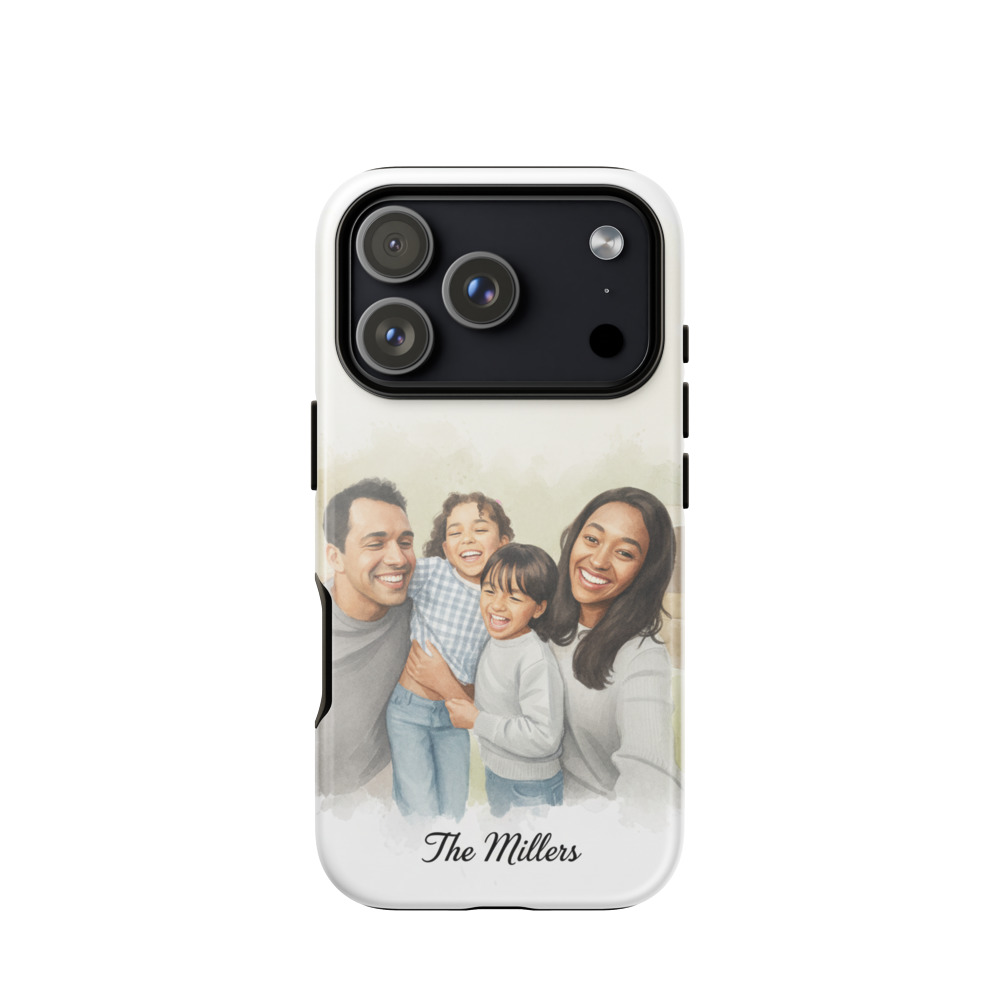 One family photo, painted with their name, on a phone case
