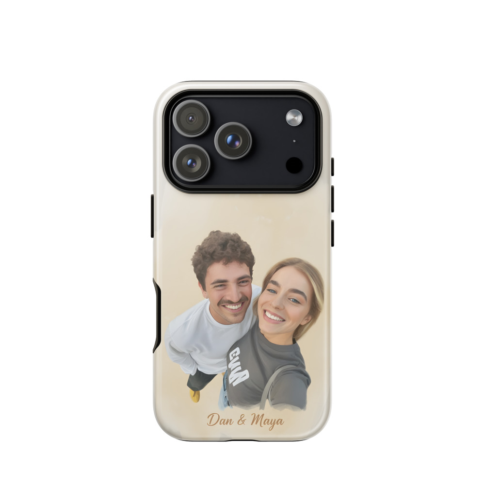 A selfie of a couple, and the phone case painted from it
