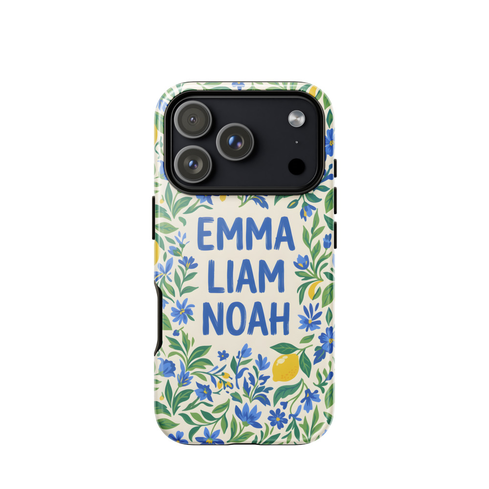 Three names lettered among lemons, on a phone case