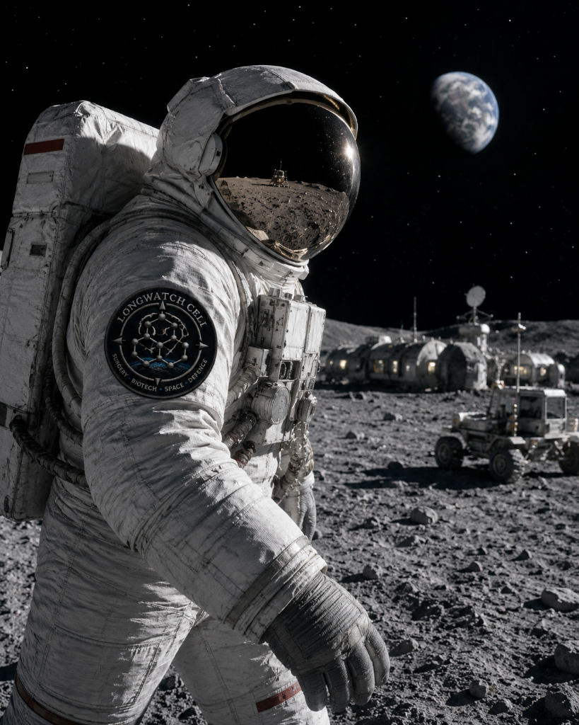 Longwatch Cell astronaut on lunar surface with mission patch