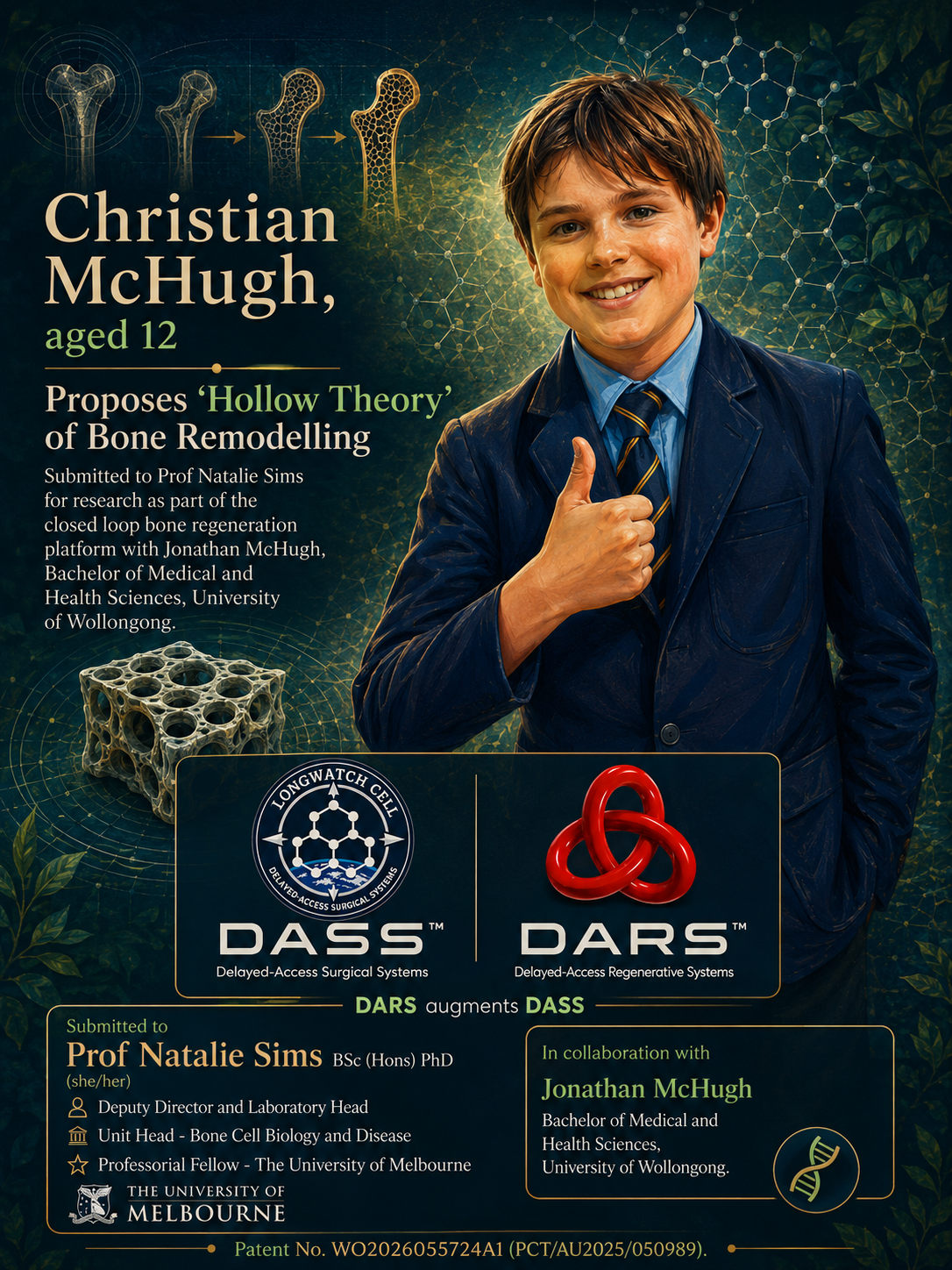 Christian McHugh, aged 12, proposes the Hollow Theory of Bone Remodelling — submitted to Prof Natalie Sims as part of the closed-loop bone regeneration platform