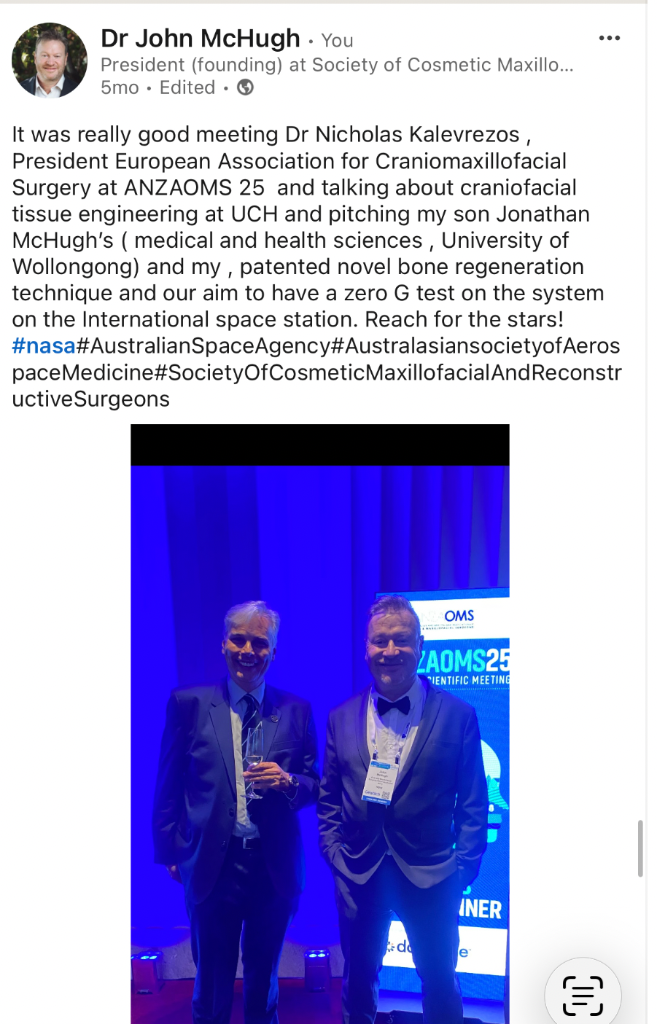 Dr John McHugh with Dr Nicholas Kalevrezos, President of the European Association for Craniomaxillofacial Surgery, at ANZAOMS 25