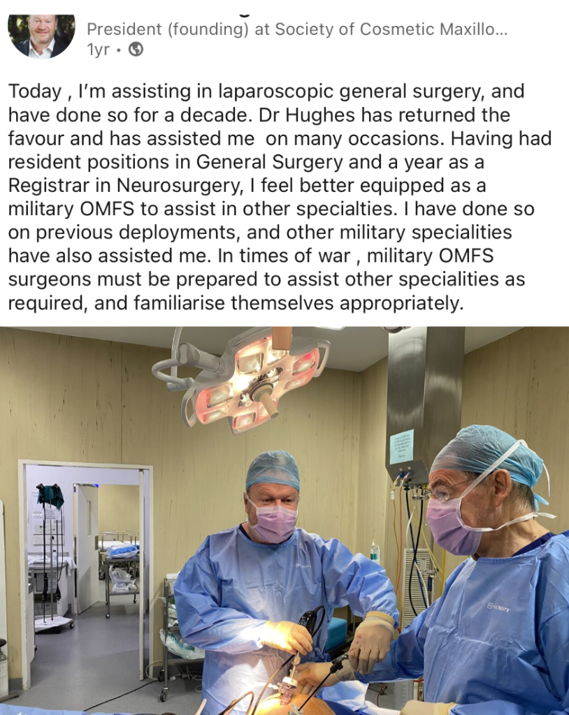 Dr John McHugh assisting in laparoscopic general surgery — cross-specialty military OMFS readiness