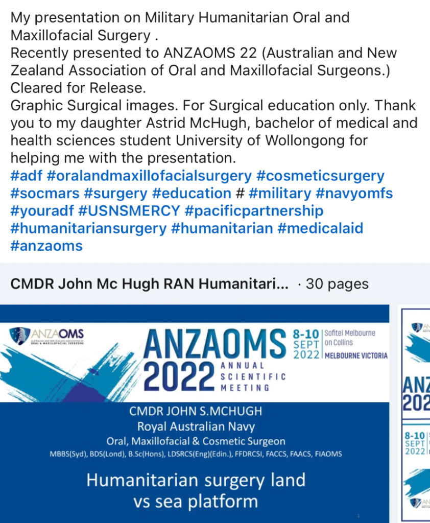 ANZAOMS 2022 presentation slide — CMDR John S. McHugh, Humanitarian Surgery Land vs Sea Platform