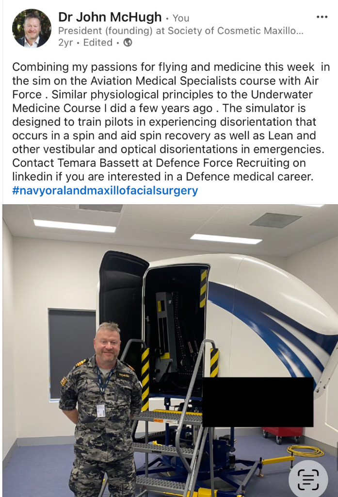 Dr John McHugh in flight simulator — Aviation Medical Specialists course with Air Force