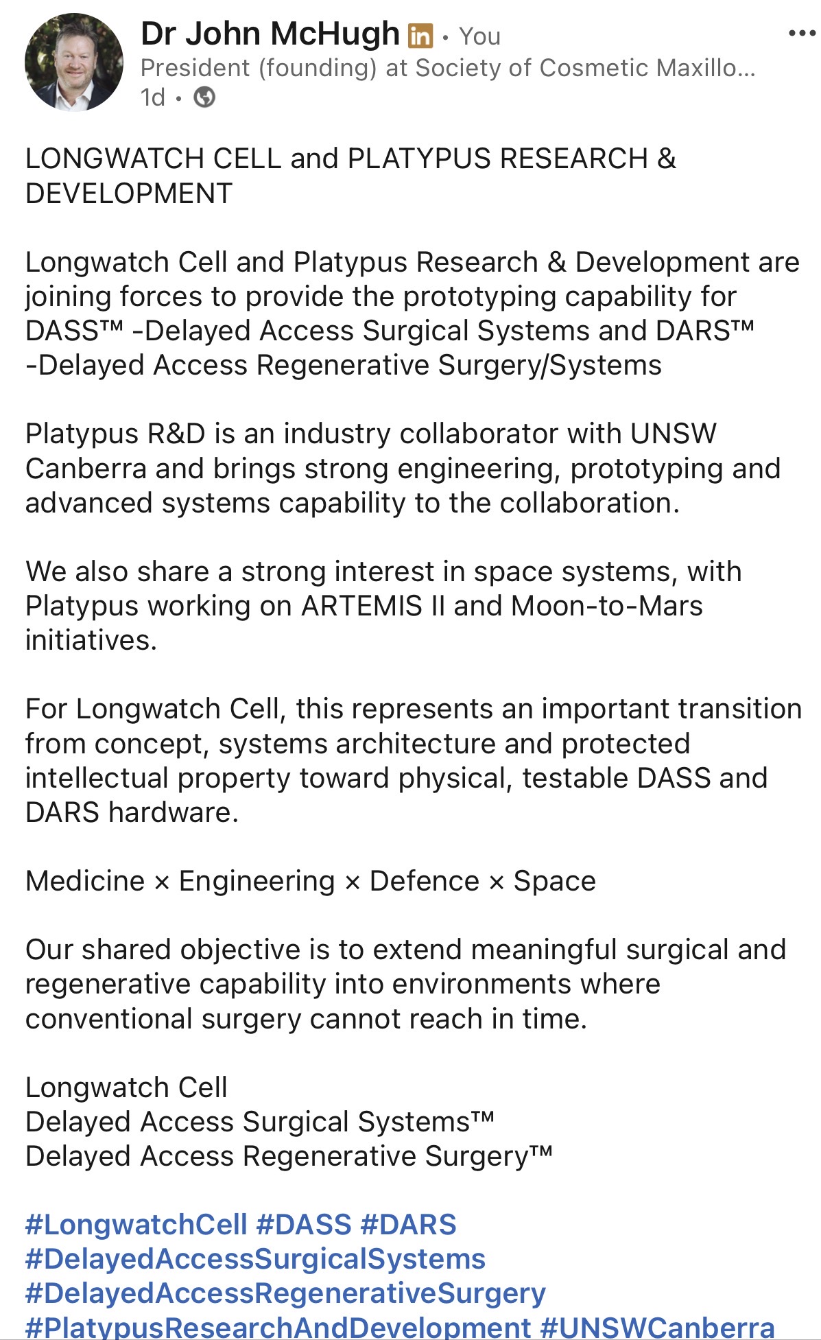 Longwatch Cell and Platypus Research & Development — prototyping collaboration for DASS™ and DARS™ hardware