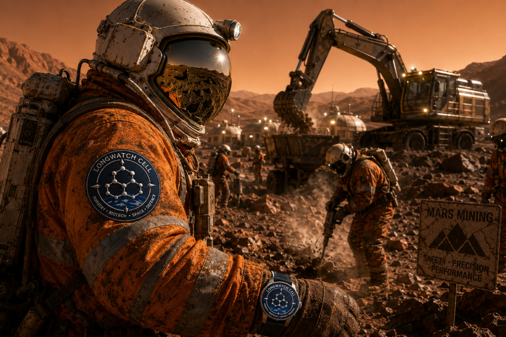 Longwatch Cell astronaut at Mars mining site with mission patch and watch