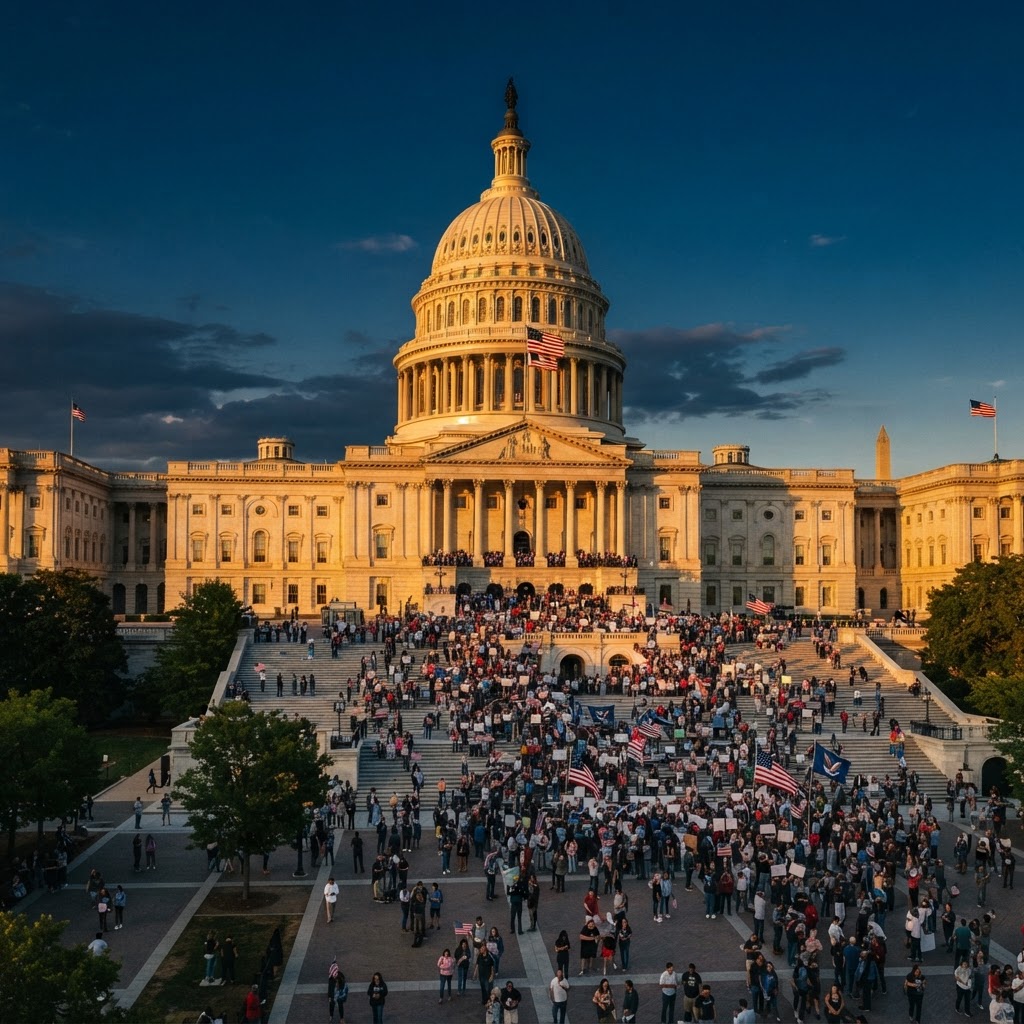 Citizens gathering at a government building at golden hour
