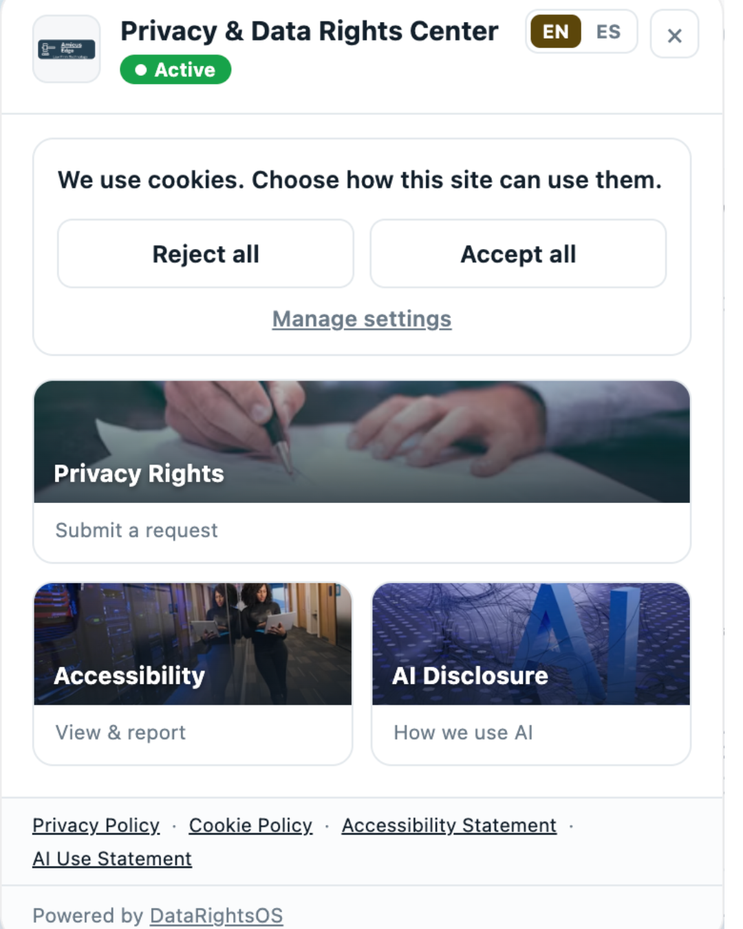 The DataRightsOS privacy widget open on a website, showing cookie consent choices, privacy rights request intake, accessibility reporting, and AI disclosure.