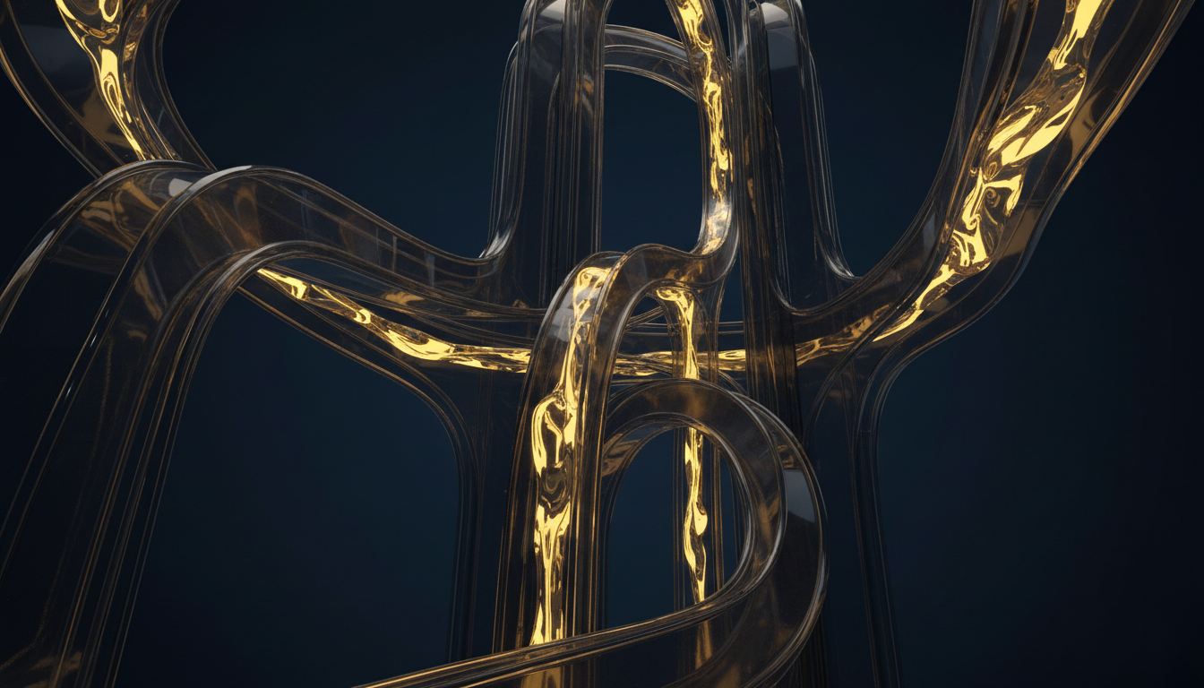 Abstract golden light flowing through dark glass channels