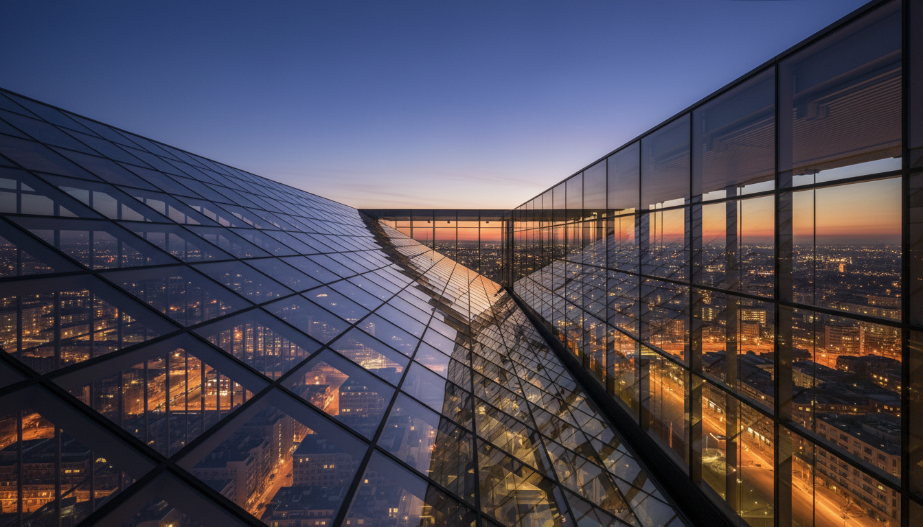 Modern minimalist glass atrium at dusk reflecting city lights