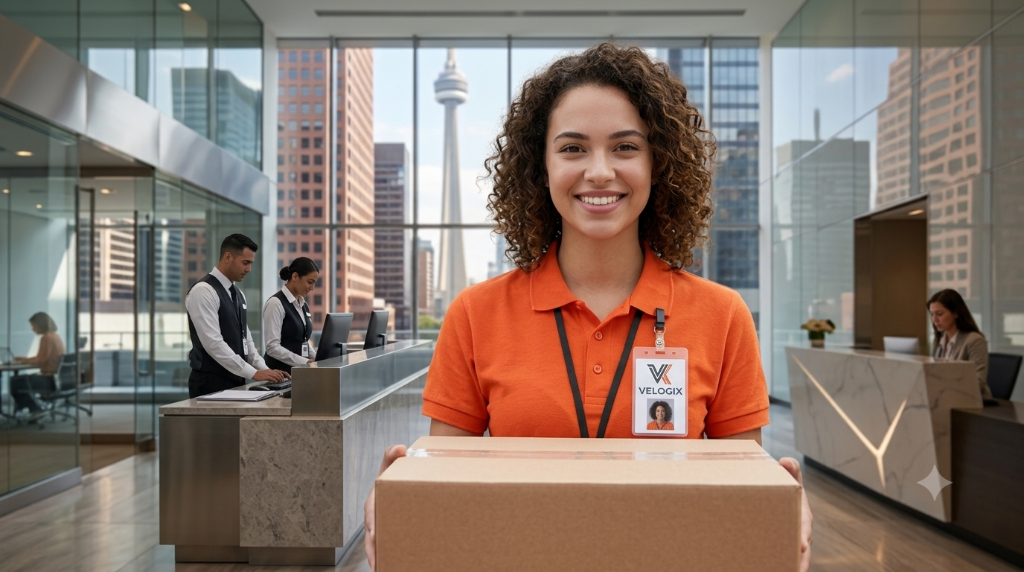 Velogix driver with shipping box in Toronto lobby