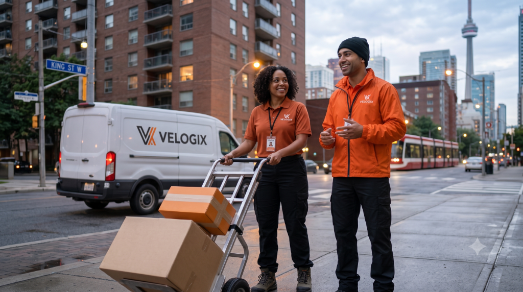 Velogix team on street with hand truck