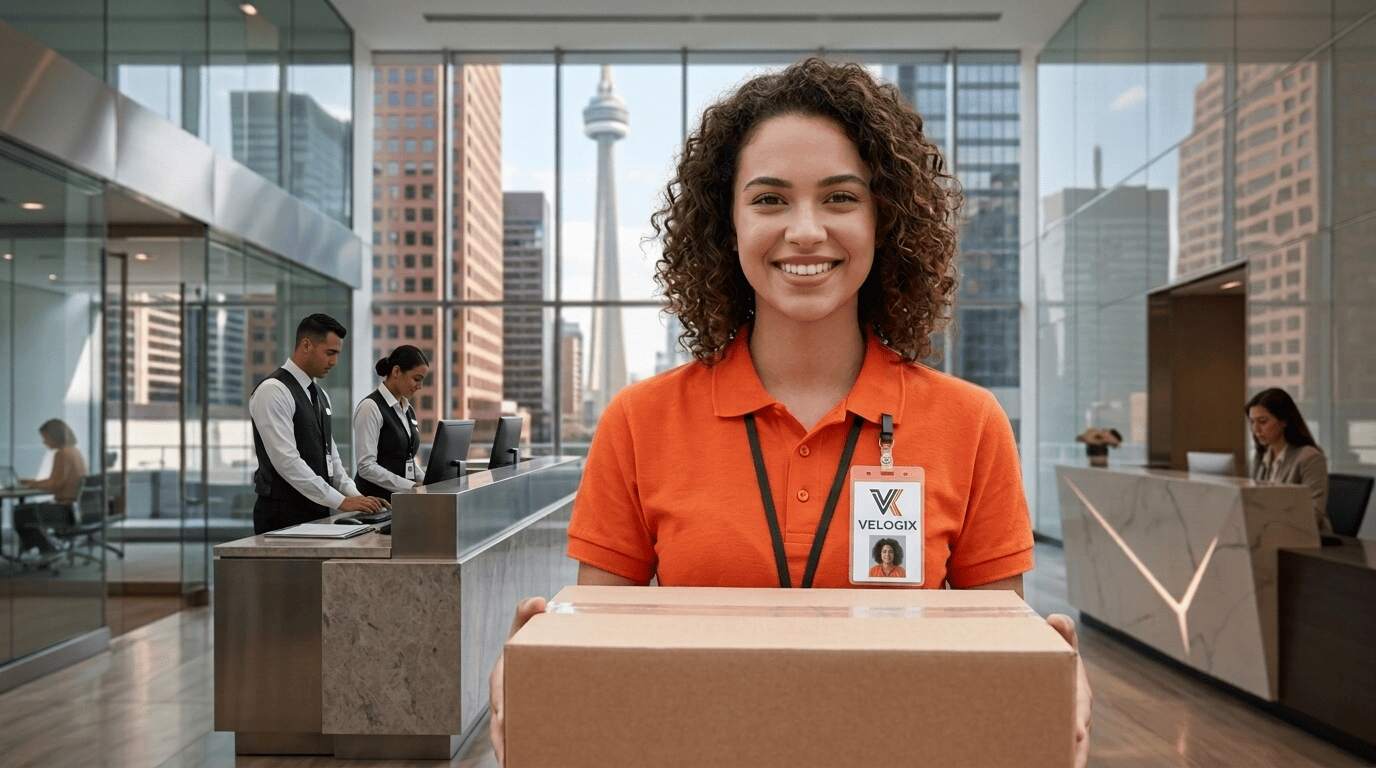 Velogix driver with shipping box in Toronto lobby